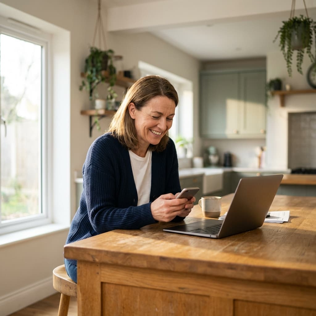 Professional woman happily using AI tools on her phone